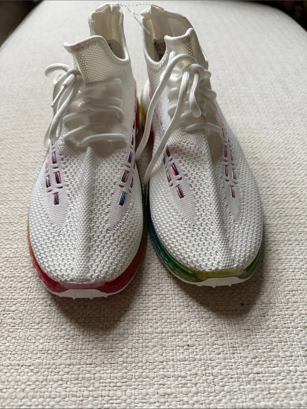 Wanted White Knit Sneakers with Rainbow Accents